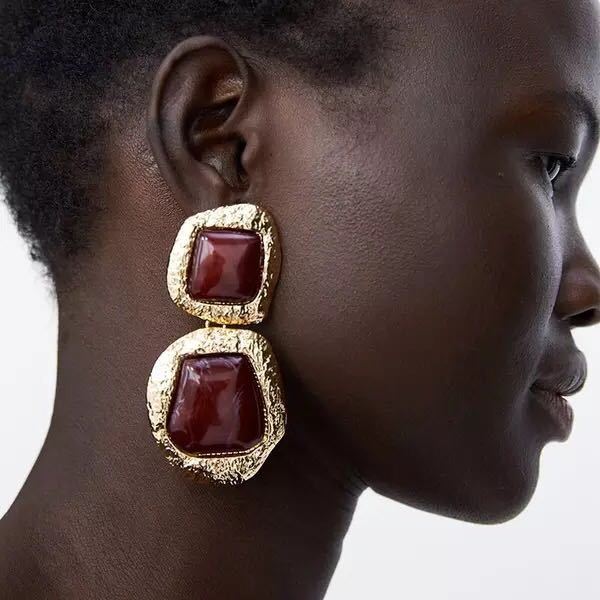 Large Gold Red Geometric Gemstone Dangle Stud | Woman Earrings | Bold Blaze Ladibelle