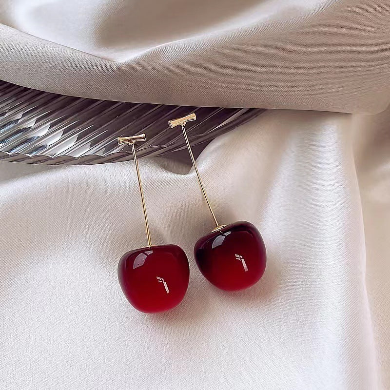 Large Gold Red Cherry Dangle Design | Woman Earrings | Crimson Charm Dangles Ladibelle