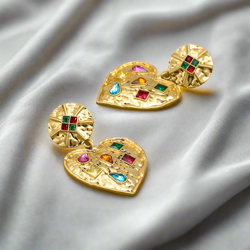 Large Gold Heart Dangle Stud | Woman Earrings | Retro Glam Ladibelle