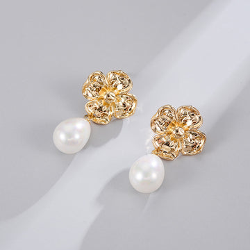 Small Gold Flower Pearl Drop | Woman Earrings | Floral Grace Ladibelle