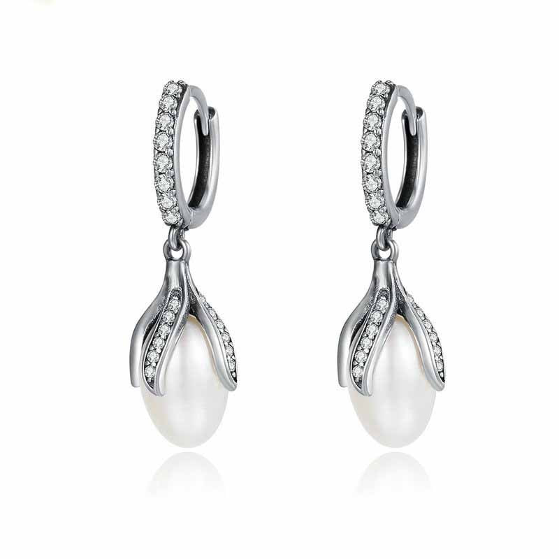 Mini Silver Diamond Freshwater Pearl Dangle | Woman Earrings | Lustrous Drops Ladibelle