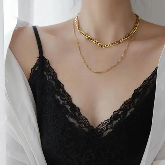 Gilded Duo: Set of 2 Gold Necklaces - Thick and Thin Necklace