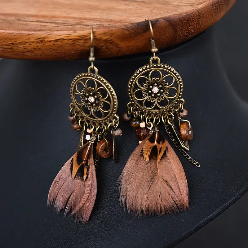 Large Brown Hanging Feather Hoop | Woman Earrings Boho Wooden Bead Ladibelle