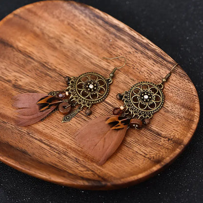 Large Brown Hanging Feather Hoop | Woman Earrings Boho Wooden Bead Ladibelle