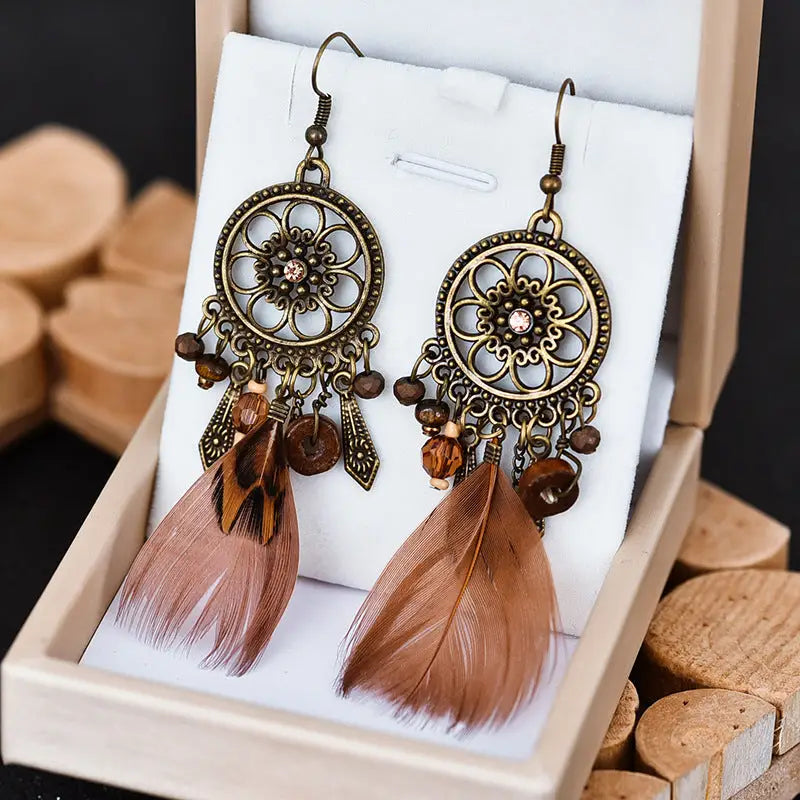 Large Brown Hanging Feather Hoop | Woman Earrings Boho Wooden Bead Ladibelle