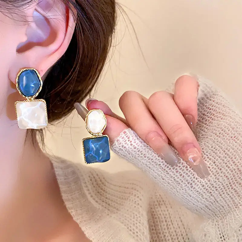 Medium Blue White Round Square Shaped | Woman Earrings Aqua Wave Asymmetry Ladibelle