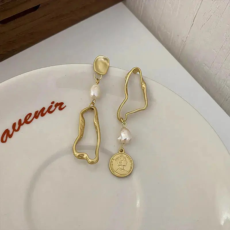 Medium Gold Pearl Wavy Hoop Vintage Coin | Woman Dangle Earrings Pearlescent Aura Ladibelle