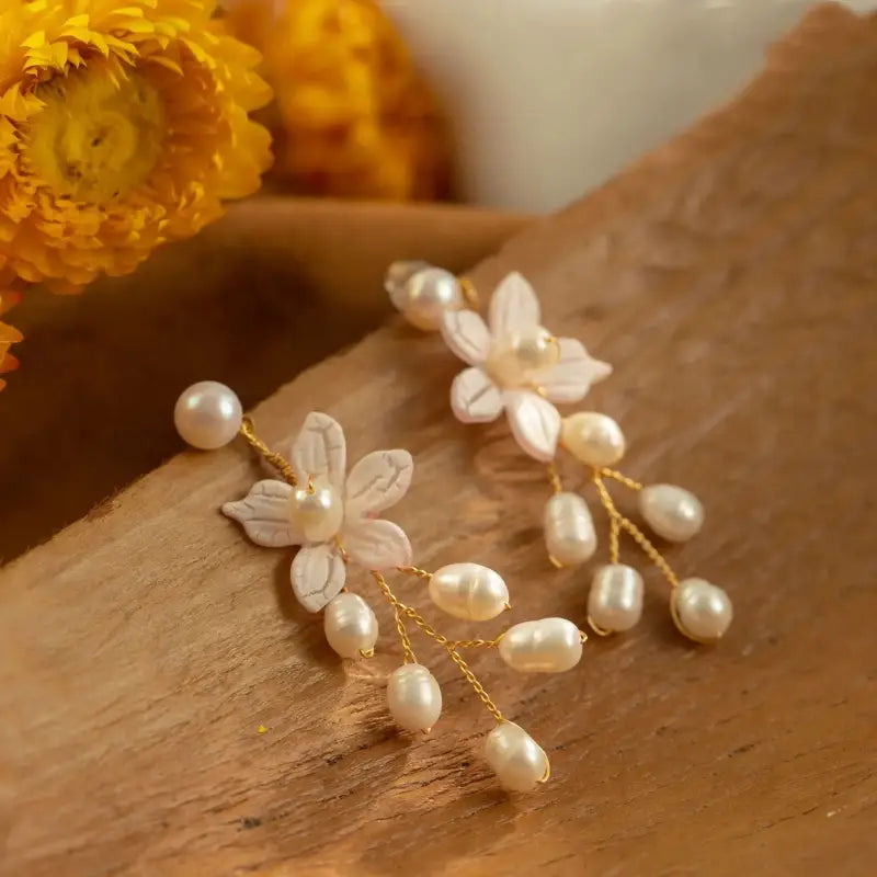 Medium Gold White Pearl and Flower Shaped | Woman Earrings Floral Bouquet Ladibelle