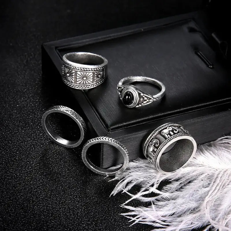 Midnight Serenade: 5-Piece Black Gemstone Ring Set