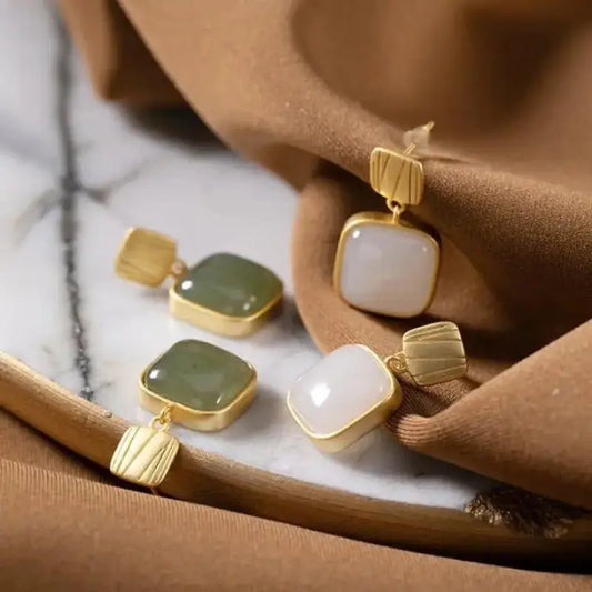 Mini Gold Green & White Square Stone | Woman Earrings Luminous Geometric Grace Ladibelle
