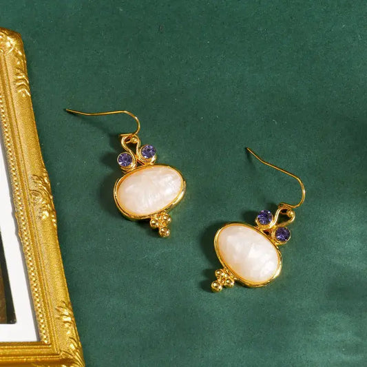 Mini Gold Pearl Purple Oval Shaped | Woman Dangle Earrings Pearlescent Glamour Ladibelle