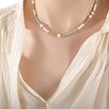 Opulent Aurora: Freshwater Pearl & Glass Stone Necklace - Cyan