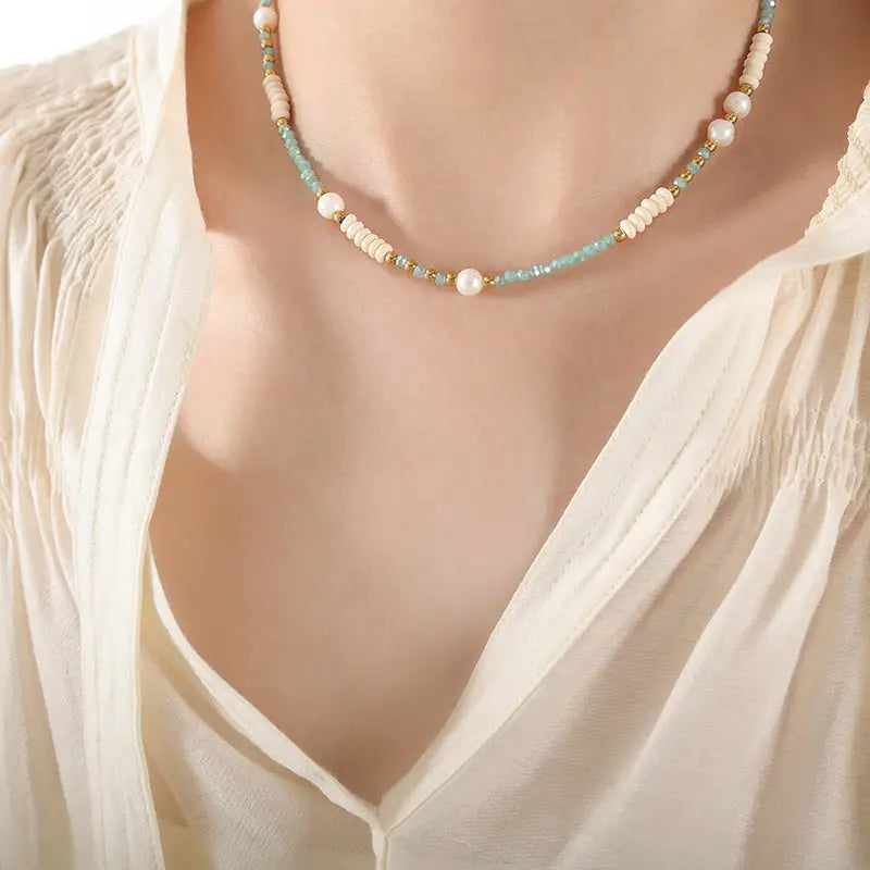Opulent Aurora: Freshwater Pearl & Glass Stone Necklace - Cyan