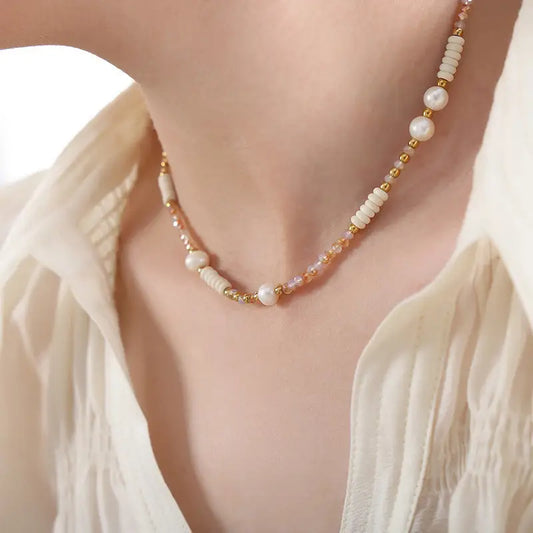 Opulent Aurora: Freshwater Pearl & Glass Stone Necklace - Pink